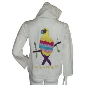 Vintage BIRD Souvenir Jacket, S, White/Multicolor Parrot, Buttons, AQUA PRIETA
